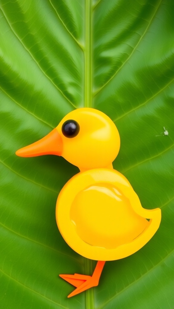 A creative duck profile picture made from bell pepper, carrot, and olives on a green leaf.